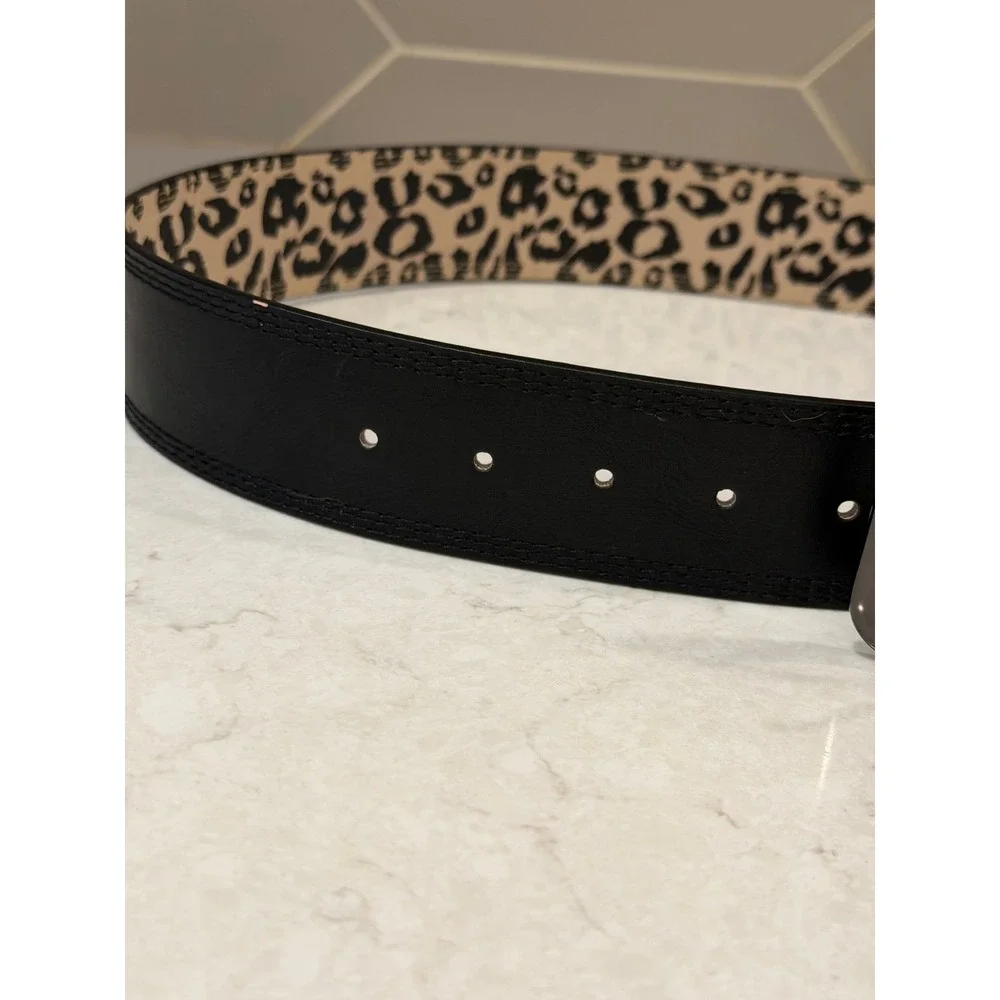 Betsey Johnson Womens Black Bow Belt Leopard Print Lining Gunmetal Buckle